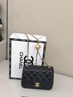Chanel Black Quilted Lambskin Classic Flap Bag with Pearl Crush Ball